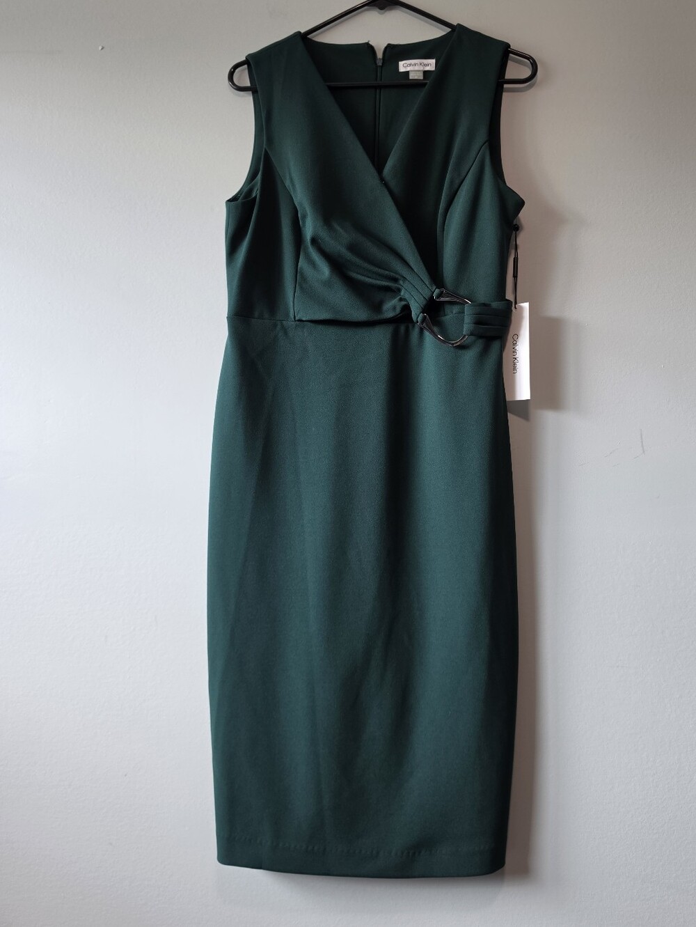 Calvin Klein Dark Green Sleeveless Wrap Belted Sheath Dress
